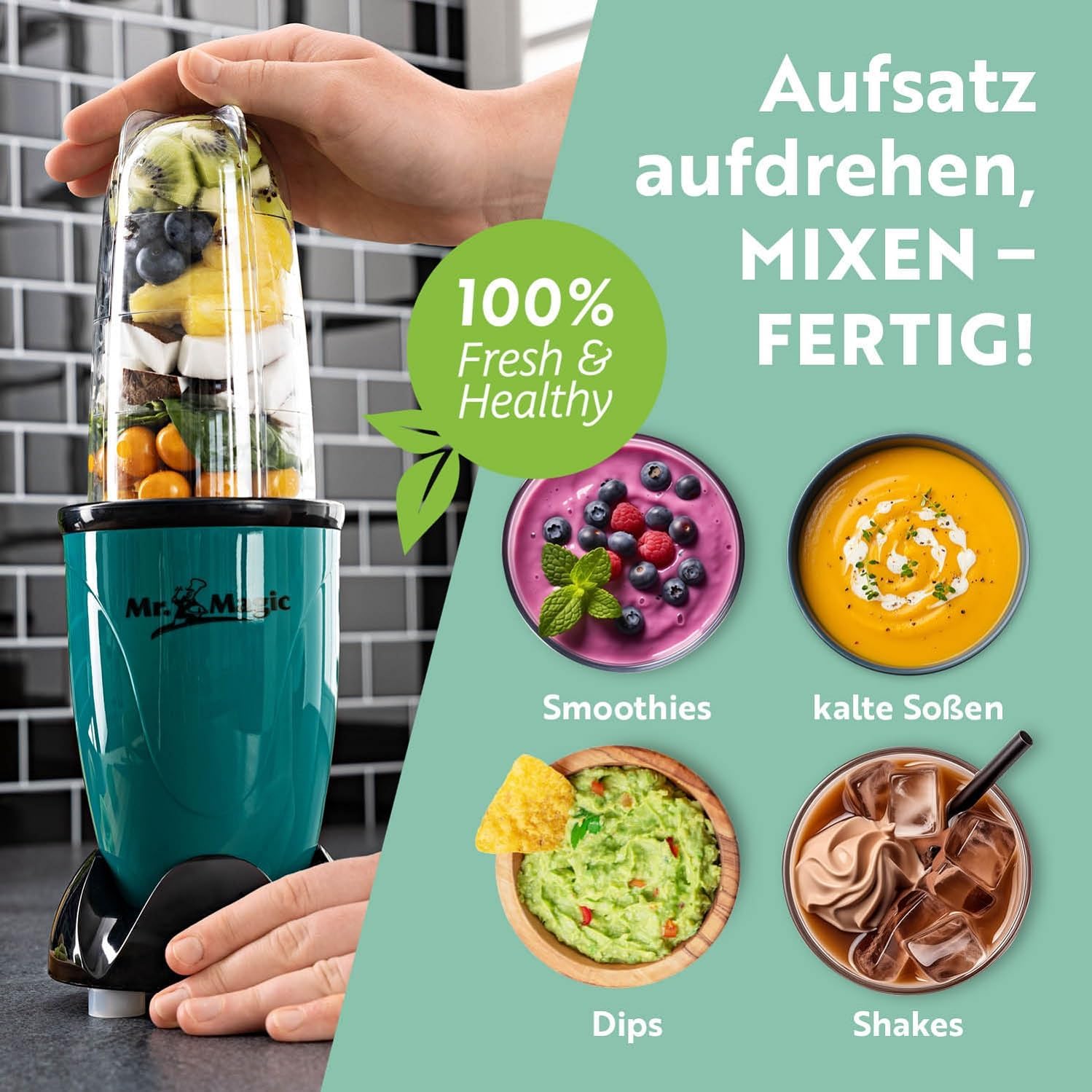 GOURMETmaxx Frullatore per Smoothie e Frullatore a Immersione Set da 18 pezzi - 400W | Frullatore Elettrico da 750ml, Mixer con 4 Bicchiere To-Go, 2 Lame, Spremiagrumi, Piedistallo e Coperchio | Lavabile in Lavastoviglie, a Prova di Perdite e Senza BPA