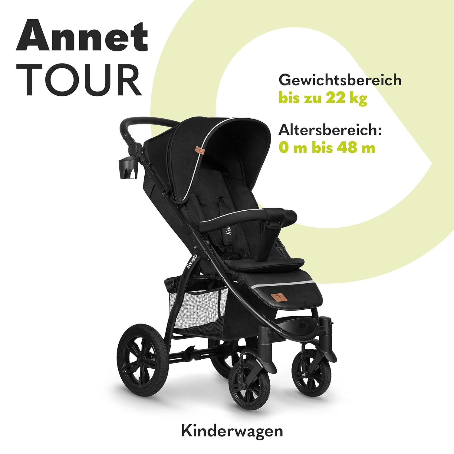 LIONELO Annet Tour Kinderwagen bis 22 kg, verstellbarer Griff, zusammenklappbar, verstellbare Rückenlehne bis zur Liegeposition, wartungsfreie Räder, XXL-Verdeck, 5-Punkt-Gurt, Einkaufskorb