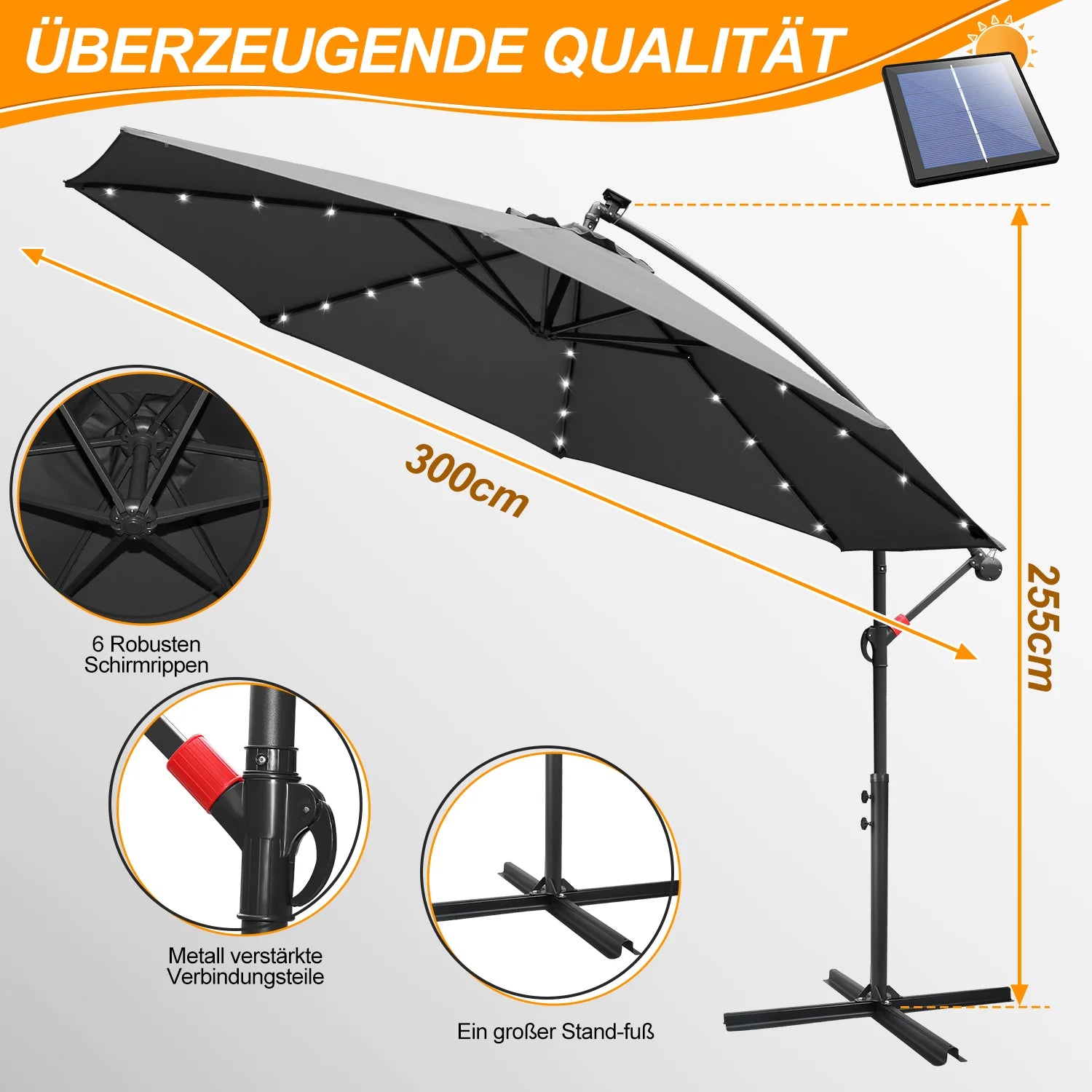 Sonnewelt Ampelschirm 3m/3.5m mit Solar LED