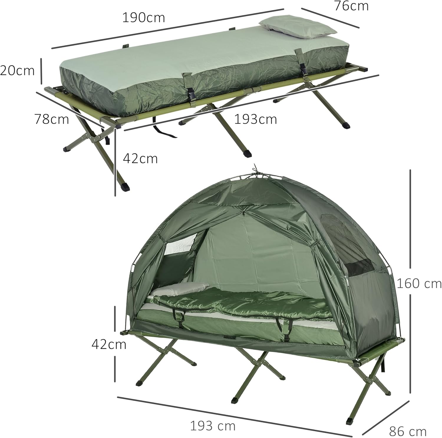 Outsunny Lettino da campeggio 4 in 1 Set da campeggio con tenda Sacco a pelo Materasso pieghevole, Verde scuro