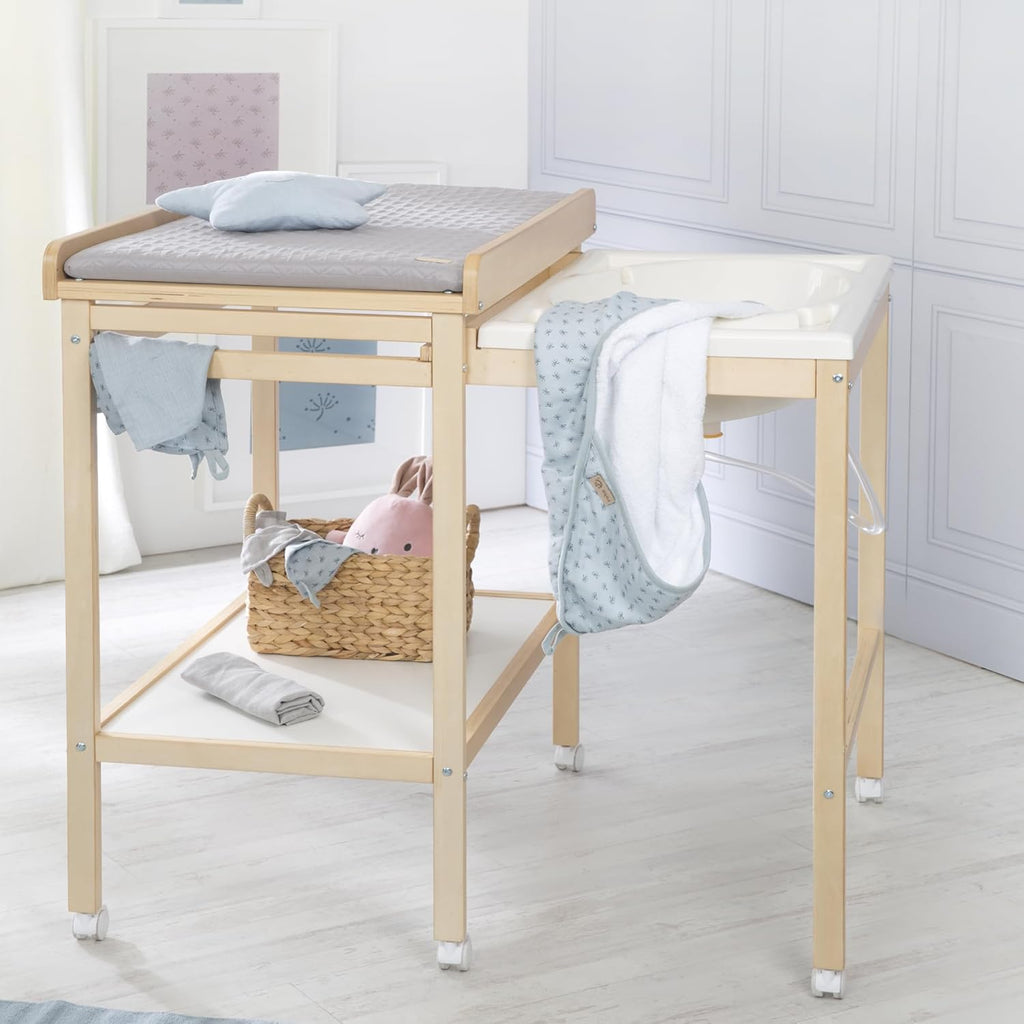 roba Fasciatoio da Bagno Combinato + Materassino Fasciatoio Style grigio - Fasciatoio Mobile Combinato con Vasca Integrata - con piano fasciatoio estraibile - Legno bianco