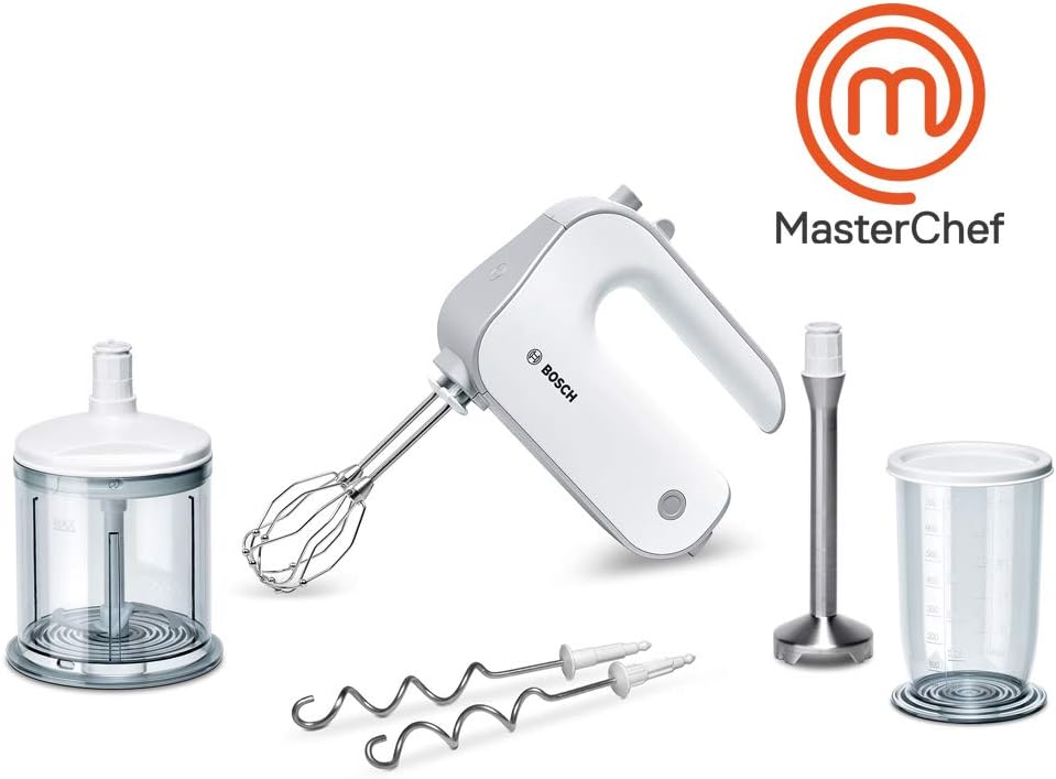 Bosch Hausgerte Handrührer Styline MFQ4080, 2 Rührbesen, 2 Edelstahl-Knethaken, spülmaschinengeeignet, Zerkleinerer, Pürierstab, 5 Stufen plus Turbostufe, 500 W, wei/silber