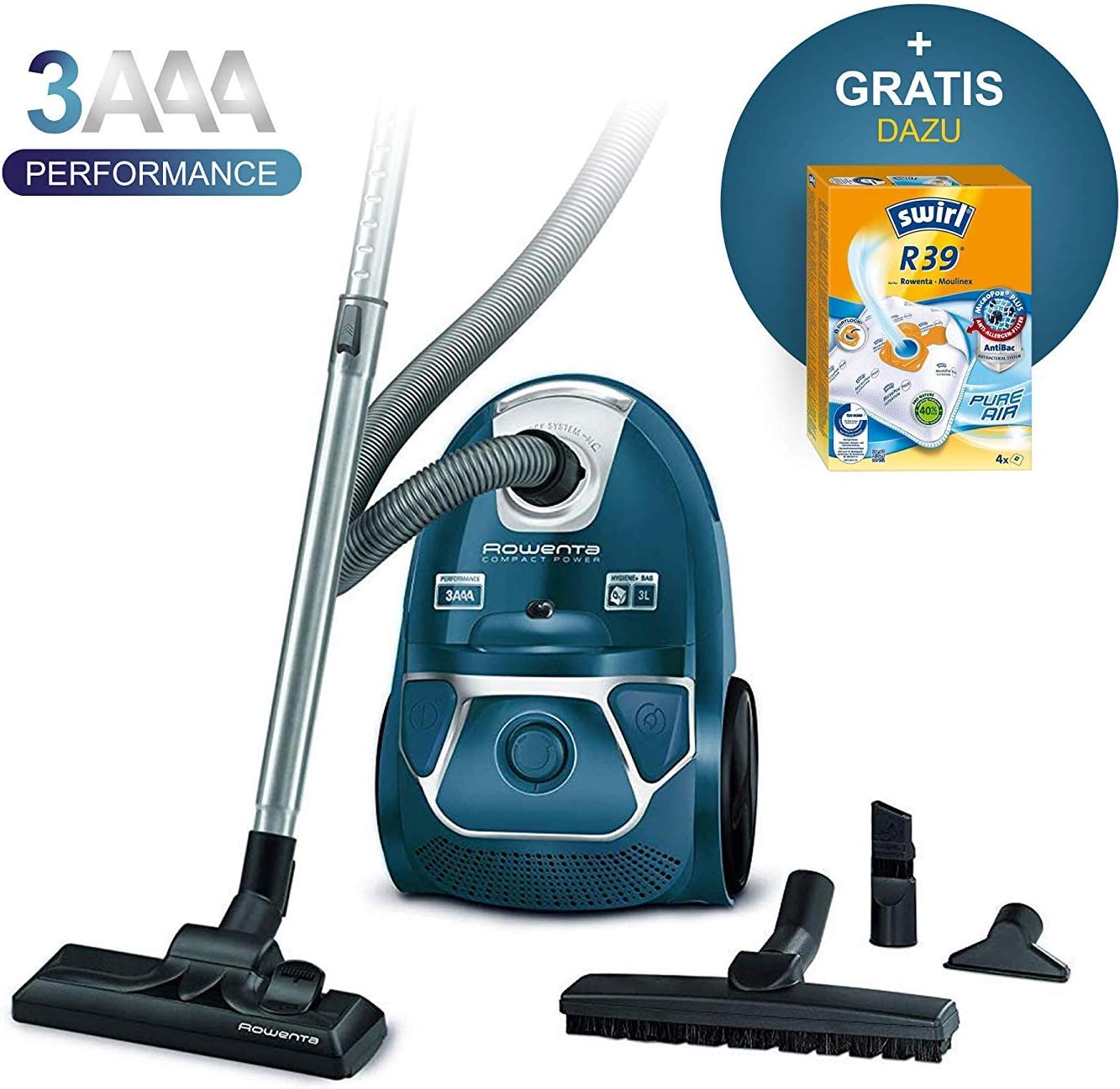 Rowenta RO3950 Aspirapolvere a sacco + Confezione da 4 sacchetti Swirl R 39 per aspirapolvere per un'aspirazione costantemente elevata, volume sacco 3L, 750 W = 2000W, estremamente silenzioso, filtro igienico, con spazzola per parquet