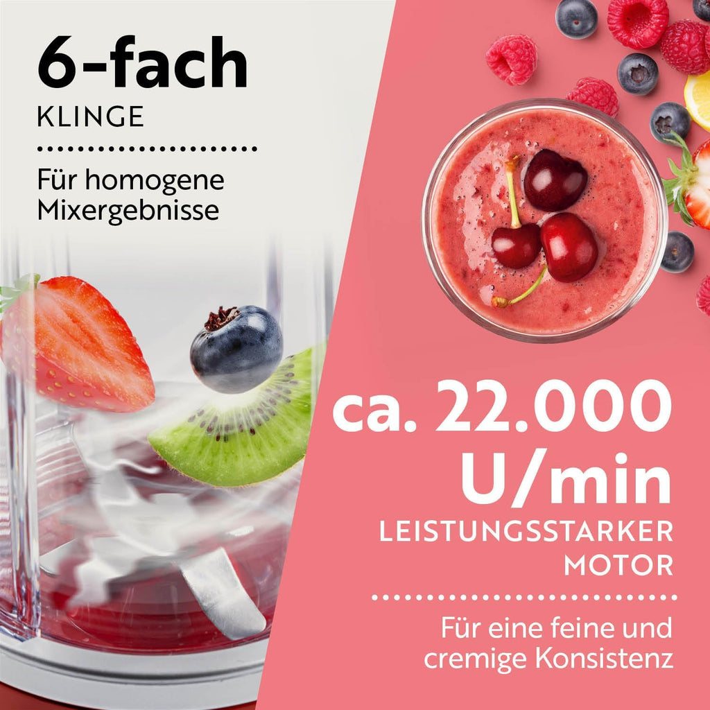 GOURMETmaxx Frullatore per Smoothie e Frullatore a Immersione Set da 18 pezzi - 400W | Frullatore Elettrico da 750ml, Mixer con 4 Bicchiere To-Go, 2 Lame, Spremiagrumi, Piedistallo e Coperchio | Lavabile in Lavastoviglie, a Prova di Perdite e Senza BPA