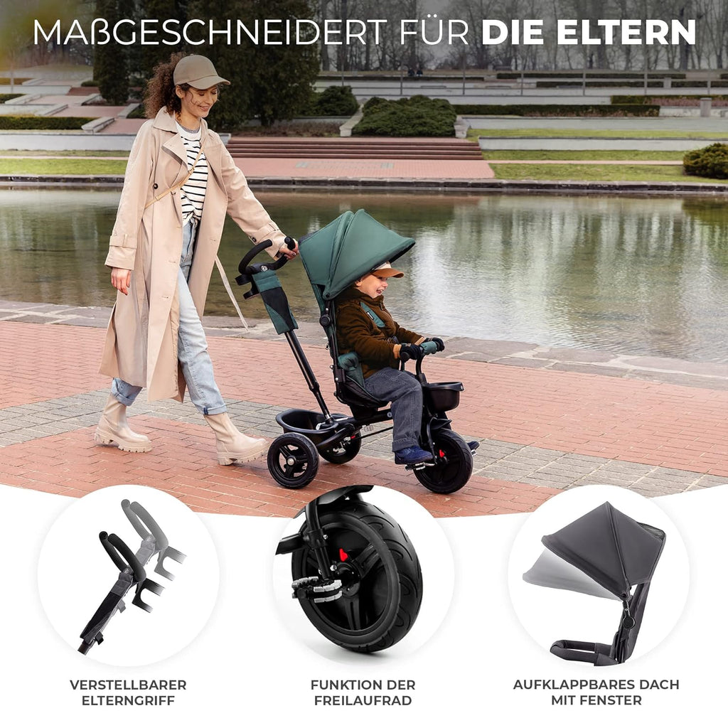 Kinderkraft AVEO Dreirad ab 9 Monate bis 25 kg, Kinderdreirad mit schubstange, Kompakte zusammenklappen, drehbarer Sitz, ausklappbarem Verdeck mit sonnenschutz, Getränkehalter korb im set, Rosa