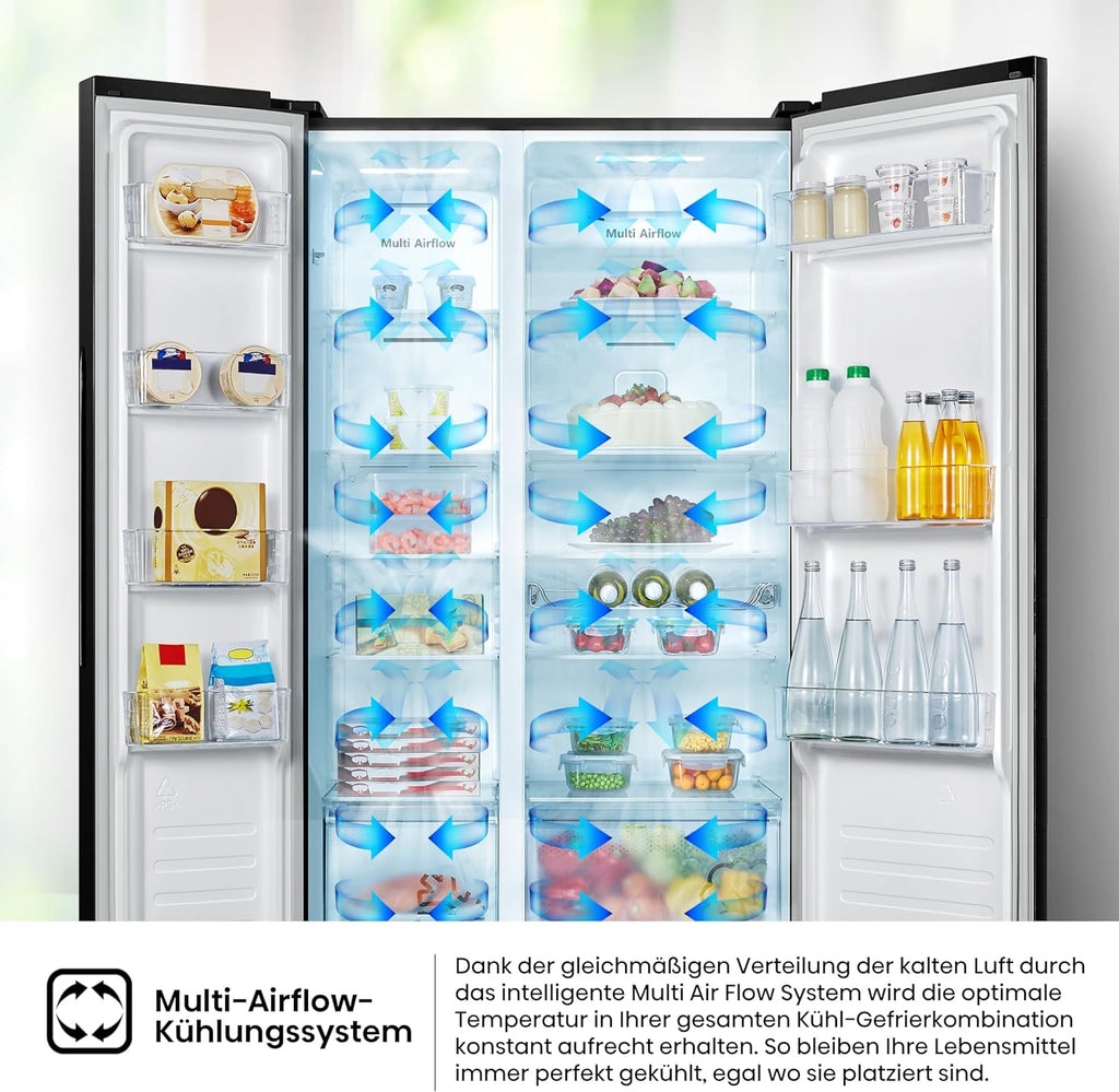 Hisense RS677N4BFD Frigorifero Americano Side by Side / Compressore Inverter / Porta Bottiglie / 2 FreshZone / Vano Verdure / Capacità Frigo 334 L / Capacità Congelatore 185 L / 41 dB / 247 kWh all'anno, Nero