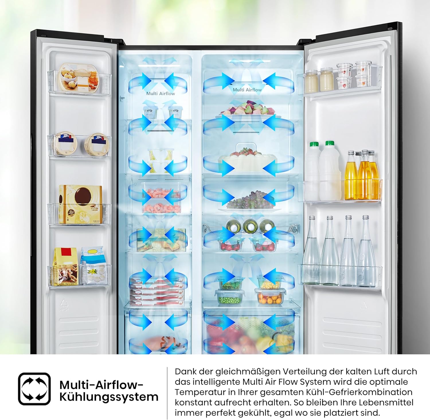 Hisense RS677N4BFD Frigorifero Americano Side by Side / Compressore Inverter / Porta Bottiglie / 2 FreshZone / Vano Verdure / Capacità Frigo 334 L / Capacità Congelatore 185 L / 41 dB / 247 kWh all'anno, Nero