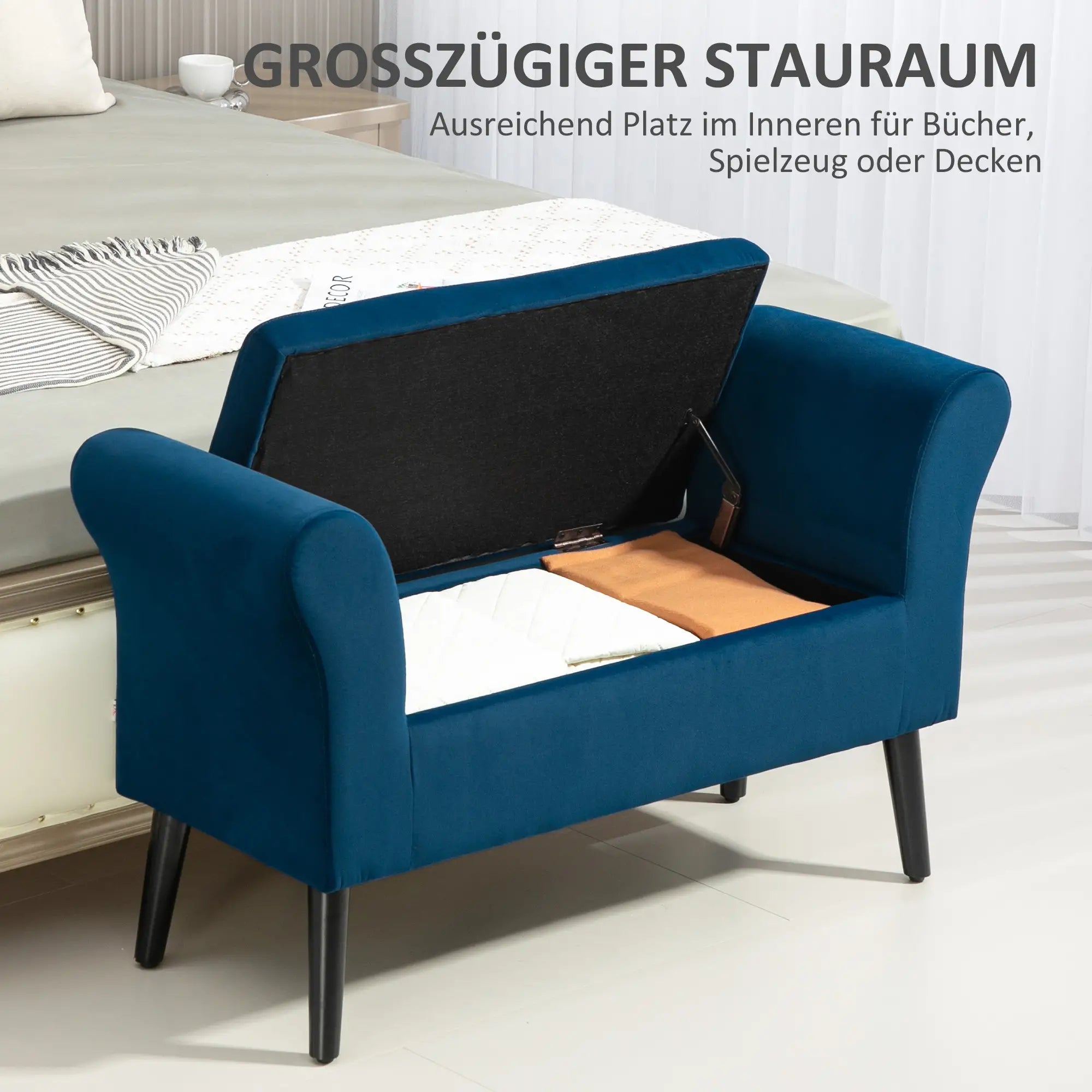 HOMCOM Sitzbank mit Stauraum & Armlehnen, Dunkelblau