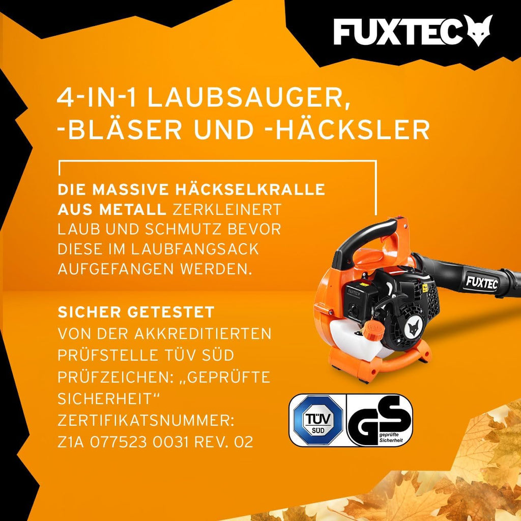 FUXTEC Benzin Laubsauger 4in1 FX-LBS126 2-Takt Laubbläser & Laubhäcksler inkl. 2Blasrohre & 45l Fangsack – getestet Oberklasse 1,4 – Blasgeschwindigkeit 71 m/s