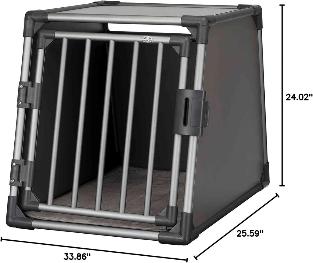 TRIXIE Hunde-Transportbox Aluminium in silber – M: 55 × 62 × 73 cm, stabile und geräuscharme Hundebox mit abgeschrägten Seiten, Sicherheitsverschluss & rutschfester Liegematte – 39342