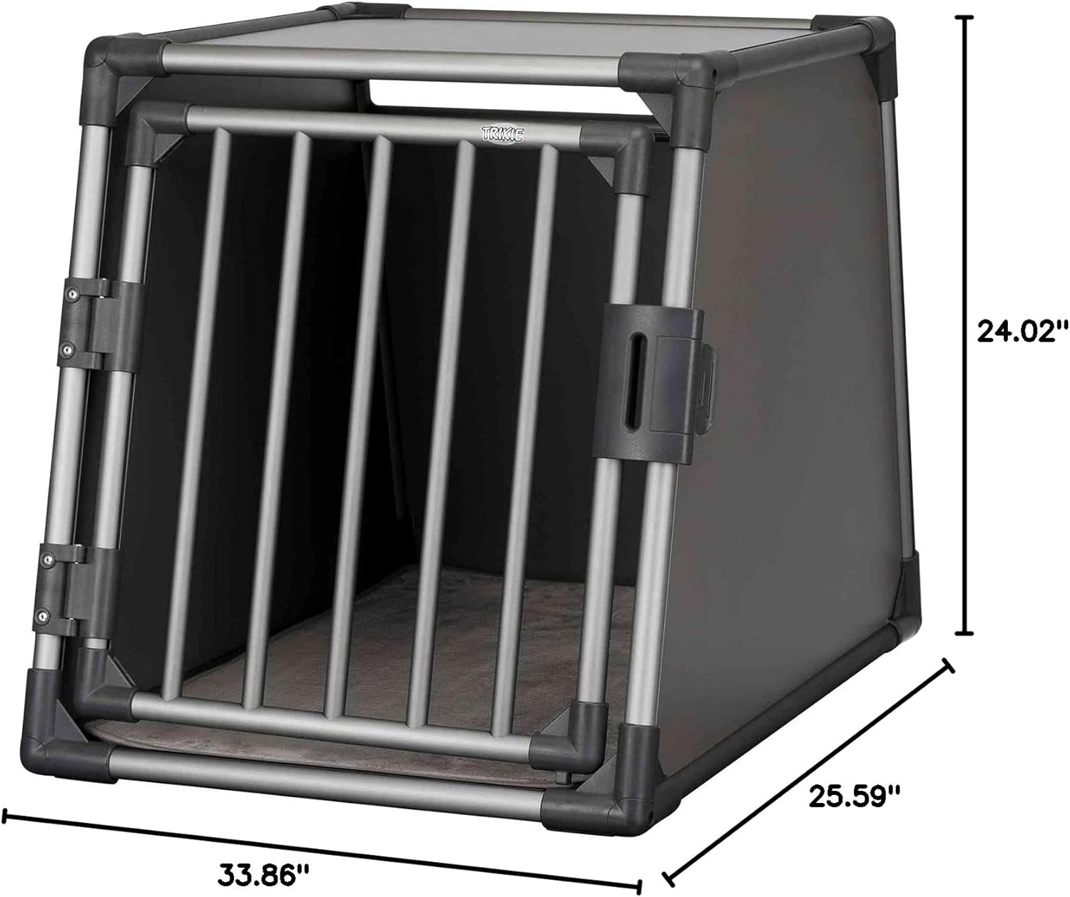 TRIXIE Hunde-Transportbox Aluminium in silber – M: 55 × 62 × 73 cm, stabile und geräuscharme Hundebox mit abgeschrägten Seiten, Sicherheitsverschluss & rutschfester Liegematte – 39342
