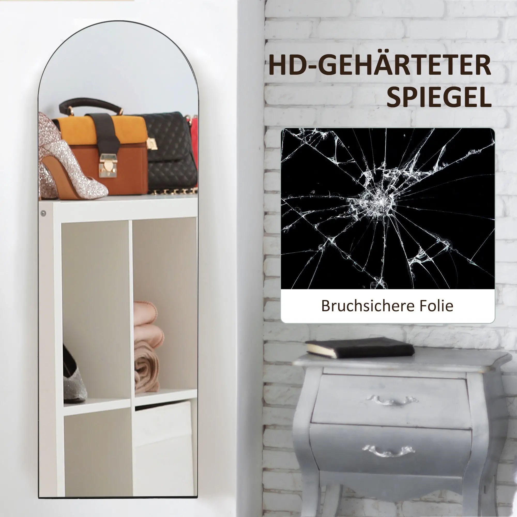 HOMCOM Specchio a figura intera ad arco con protezione antischeggia