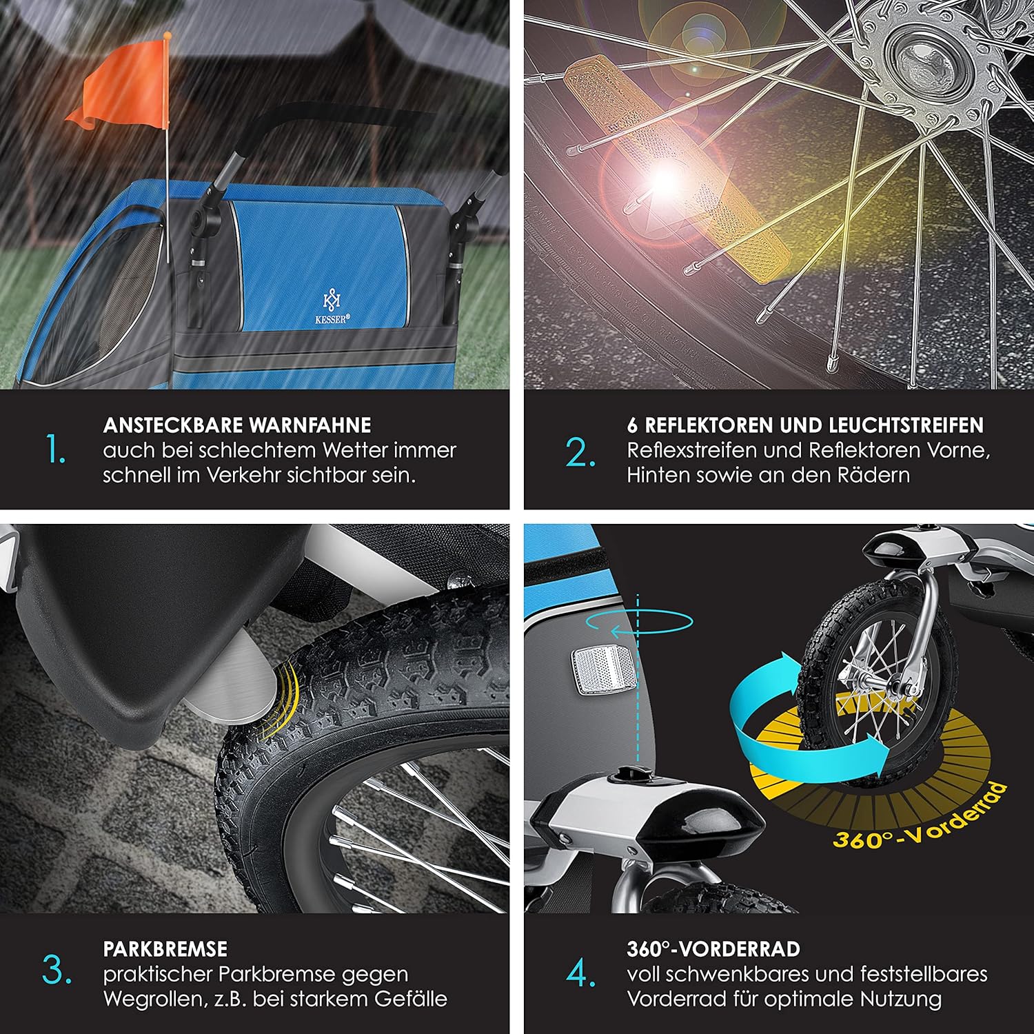 KESSER® Kinderanhänger Fahrradanhänger 360° Drehbar mit Federung 2in1 Joggerfunktion Kinderfahrradanhänger + 5-Punkt Gurt Jogger Fahrrad Anhänger für 1 bis 2 Kinder max. 40kg Inkl. Warnfahne, Schwarz