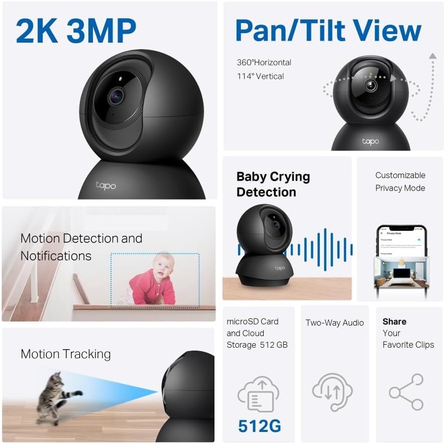 Tapo TP-Link C200P2 360° berwachungskamera für den Innenbereich, 1080P, Nachtsicht, Bewegungserkennung, Zwei-Wege-Audio, kompatibel mit Alexa&Google Assistant, für Babys/Haustiere, 2 stück C200