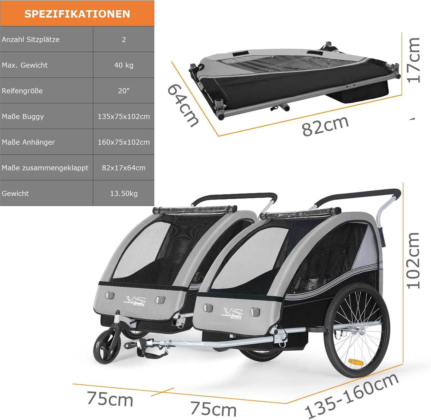 Tiggo VS 2 in 1 Rimorchio per bambini Rimorchio per bici Rimorchio con set passeggino Jogger 50202