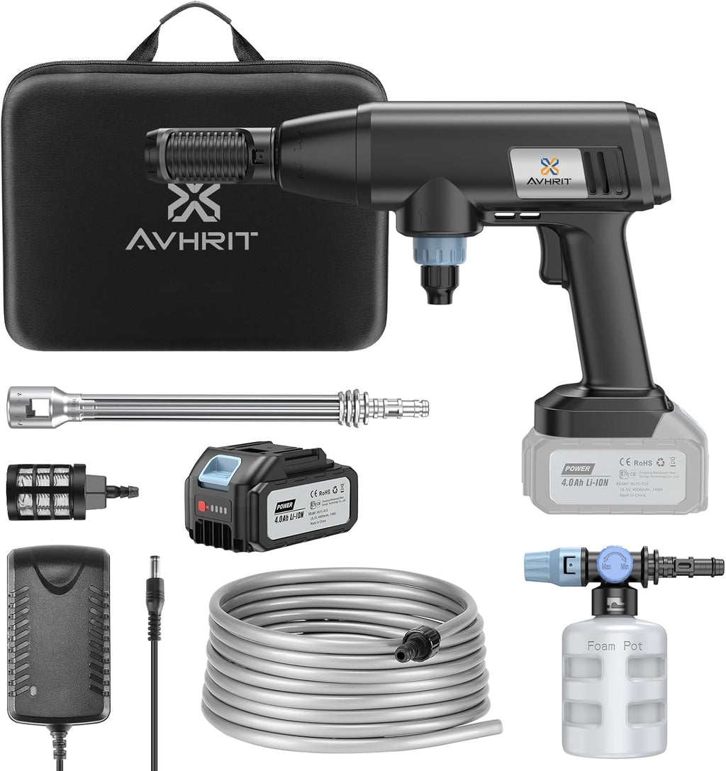 Avhrit Akku-Hochdruckreiniger, 800PSI Portable Power Cleaner mit wiederaufladbarer 4.0Ah Batterie 6-in-1 Düse, Handhochdruck-Auto-Waschpistole für Haus/Boden Reinigung Bewässerung