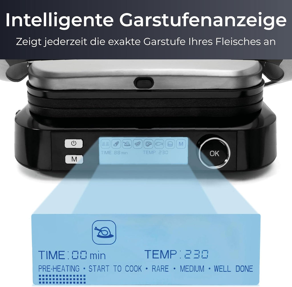 KLAMER Kontaktgrill, 7 Automatikprogramme, abnehmbare Platten, Antihaftbeschichtung, 2100W starker Plattengriller mit Cool-Touch-Griff, Schwarz & Edelstahl