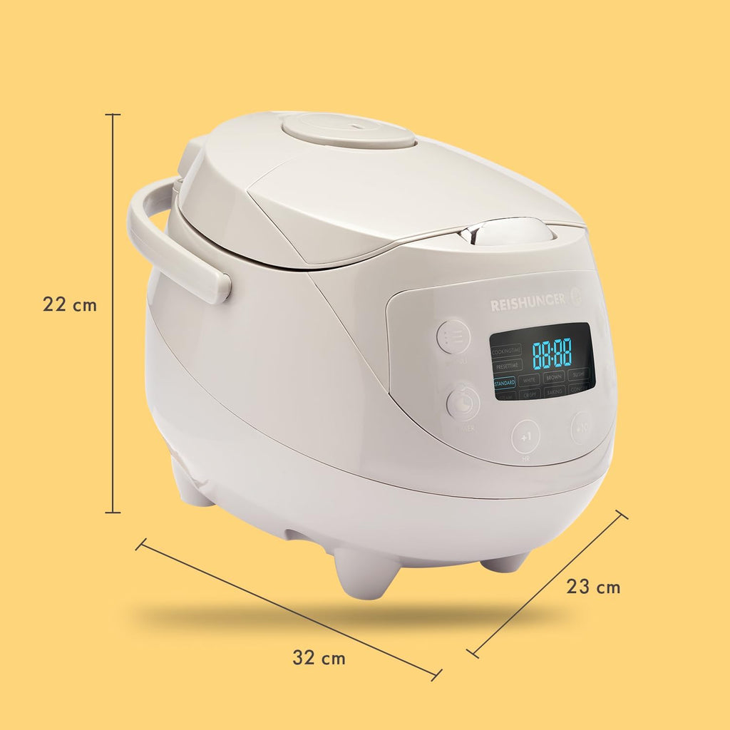 REISHUNGER Cuociriso digitale piccolo, nero | Da 0,6 L fino a 3 persone | Funzione mantenimento calore, timer e pentola premium | Multicooker e vaporiera piccoli, 8 programmi, tecnologia a 7 fasi