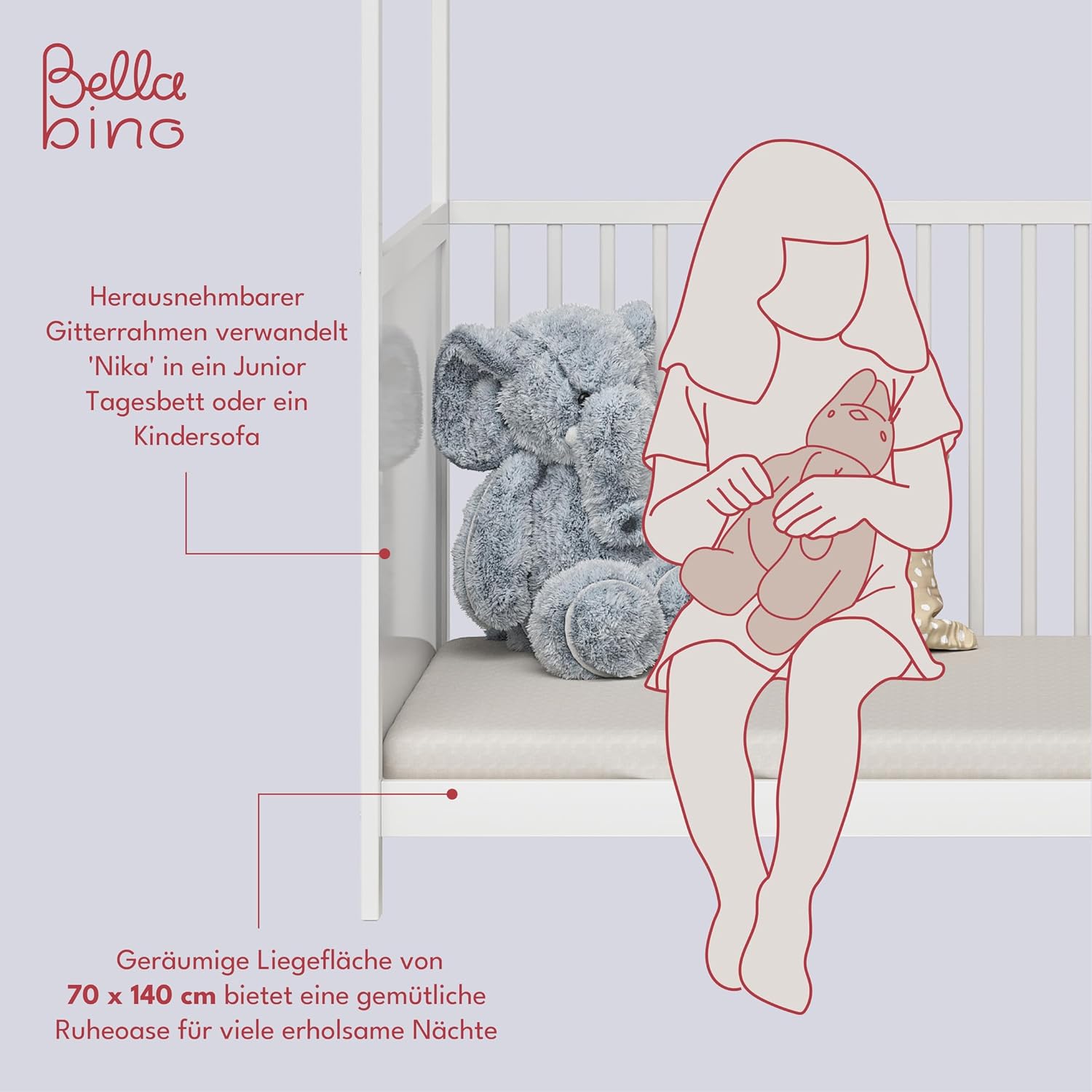 Bellabino Nika Lettino a capanna 70 x 140 cm, letto con sbarre e lettino a capanna per bambini e neonati in pino massiccio bianco, regolabile in altezza su 3 posizioni, incl. rete a doghe