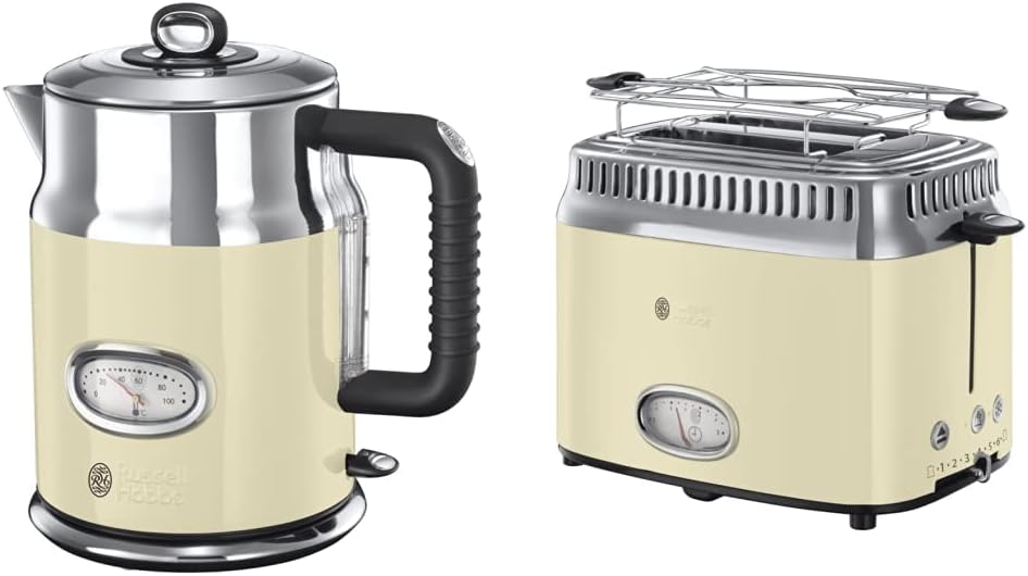 Russell Hobbs Toaster [für 2 Scheiben] Retro Edelstahl Creme (Countdown-Anzeige im Retrodesign, inkl. Brtchenaufsatz, 6 Brunungsstufen + Auftau- & Aufwrmfunktion, 1300W) Vintage 21682-56