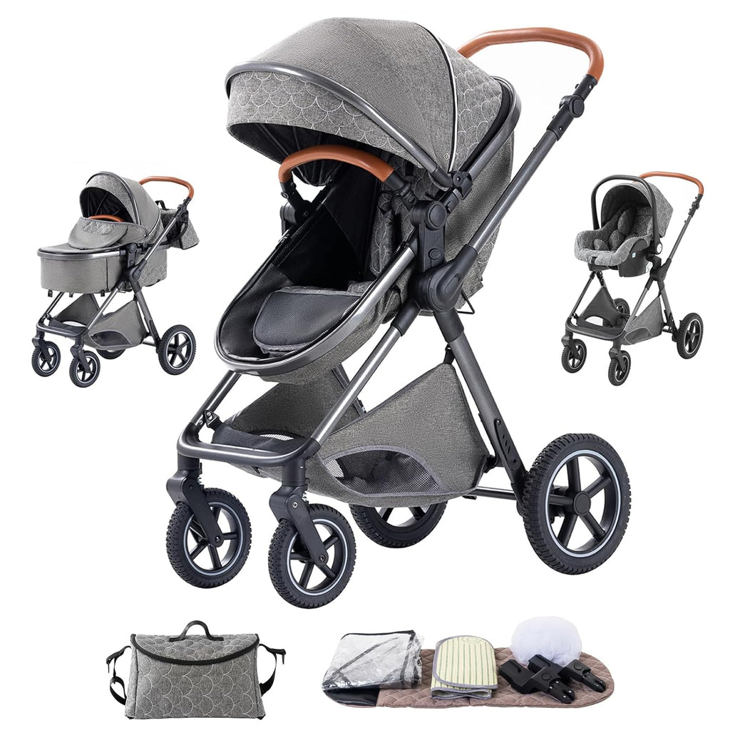 Shineey kinderwagen 3 in 1 Buggy Babybett Komplett Set Einem Klick Zusammenklappbarer Kinderwagen, 3 in 1 KombiKinderwagen Aluminiumrahmen für Neugeborene