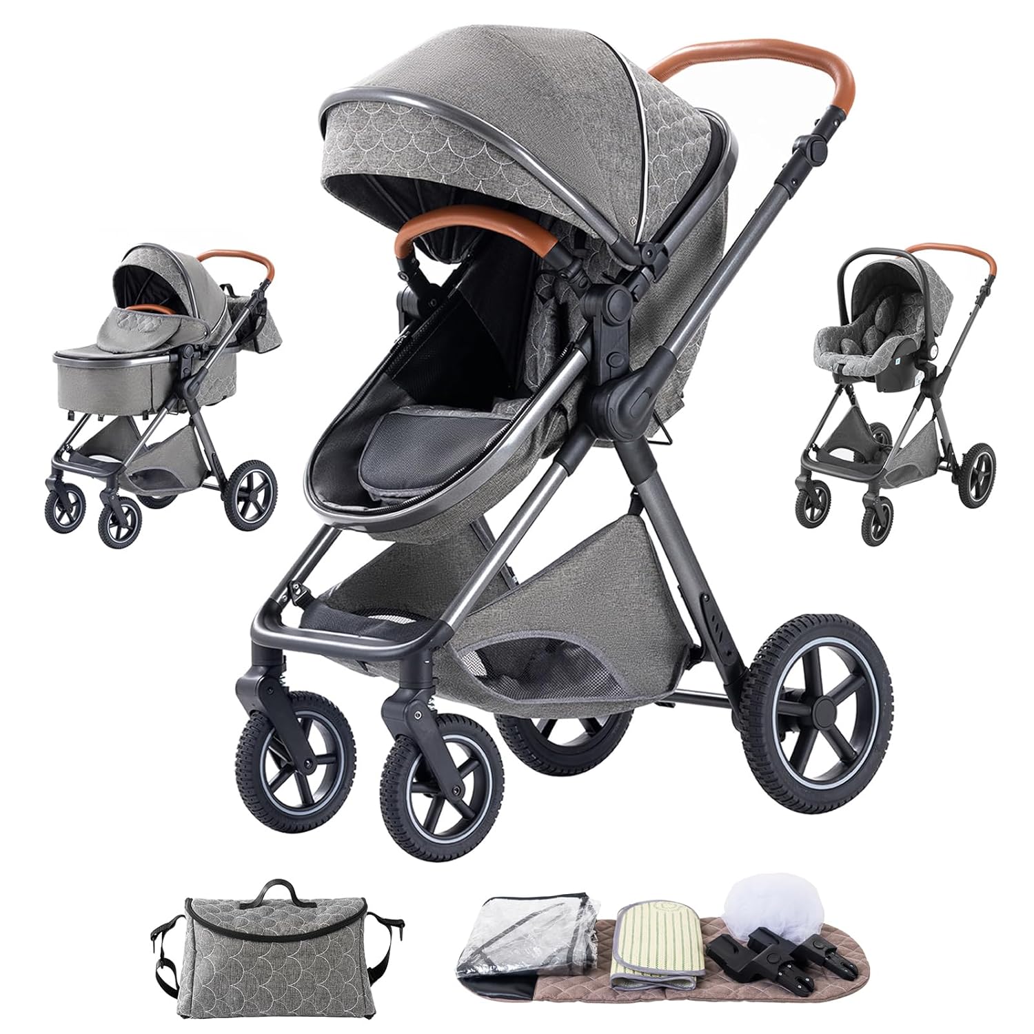 Shineey kinderwagen 3 in 1 Buggy Babybett Komplett Set Einem Klick Zusammenklappbarer Kinderwagen, 3 in 1 KombiKinderwagen Aluminiumrahmen für Neugeborene