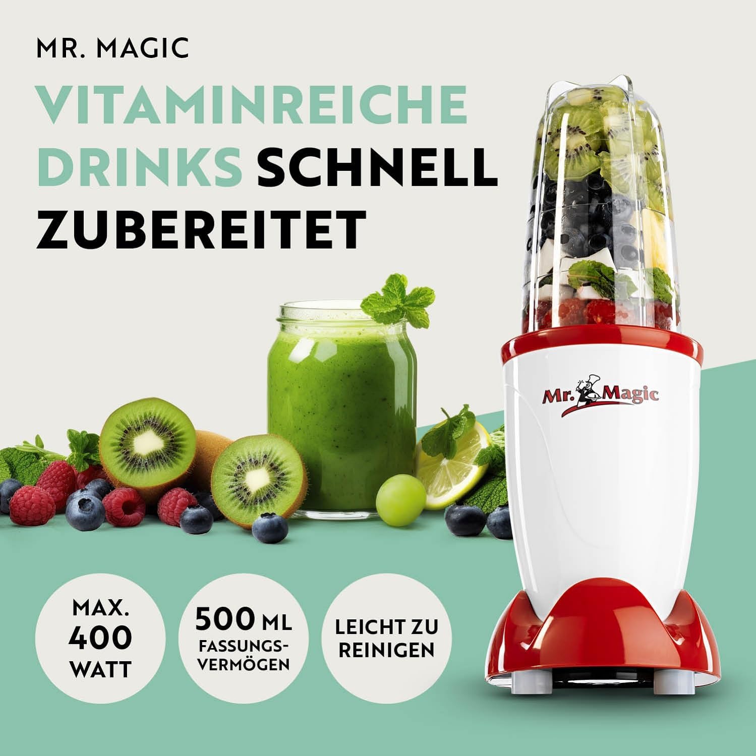 GOURMETmaxx Frullatore per Smoothie e Frullatore a Immersione Set da 18 pezzi - 400W | Frullatore Elettrico da 750ml, Mixer con 4 Bicchiere To-Go, 2 Lame, Spremiagrumi, Piedistallo e Coperchio | Lavabile in Lavastoviglie, a Prova di Perdite e Senza BPA
