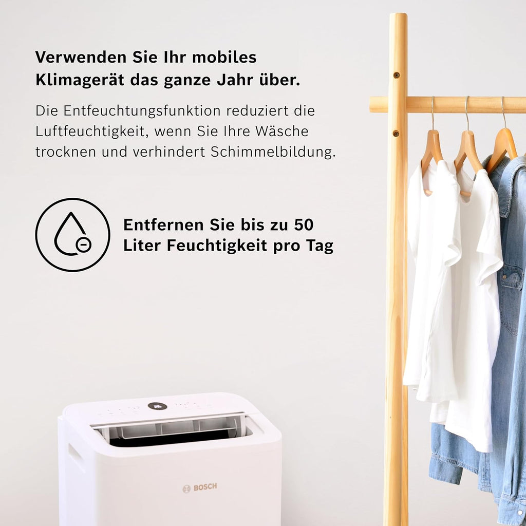 Bosch Cool 4000 Climatizzatore Mobile - 3-in-1: Climatizzatore, Deumidificatore, Ventilatore - 2,6 kW per ambienti fino a 35m² - Con modalità automatica, silenziosa e notturna