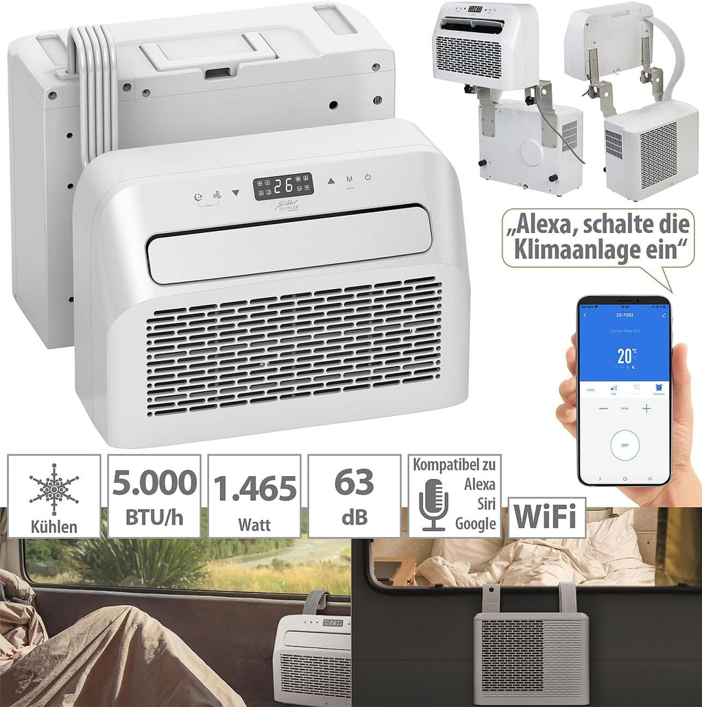 Sichler Haushaltsgeräte Condizionatore mobile: Condizionatore mobile split, funzione deumidificatore, WLAN e App, 5.000 BTU/h (Condizionatore roulotte, Mini condizionatore split, Condizionatore split senza forare)