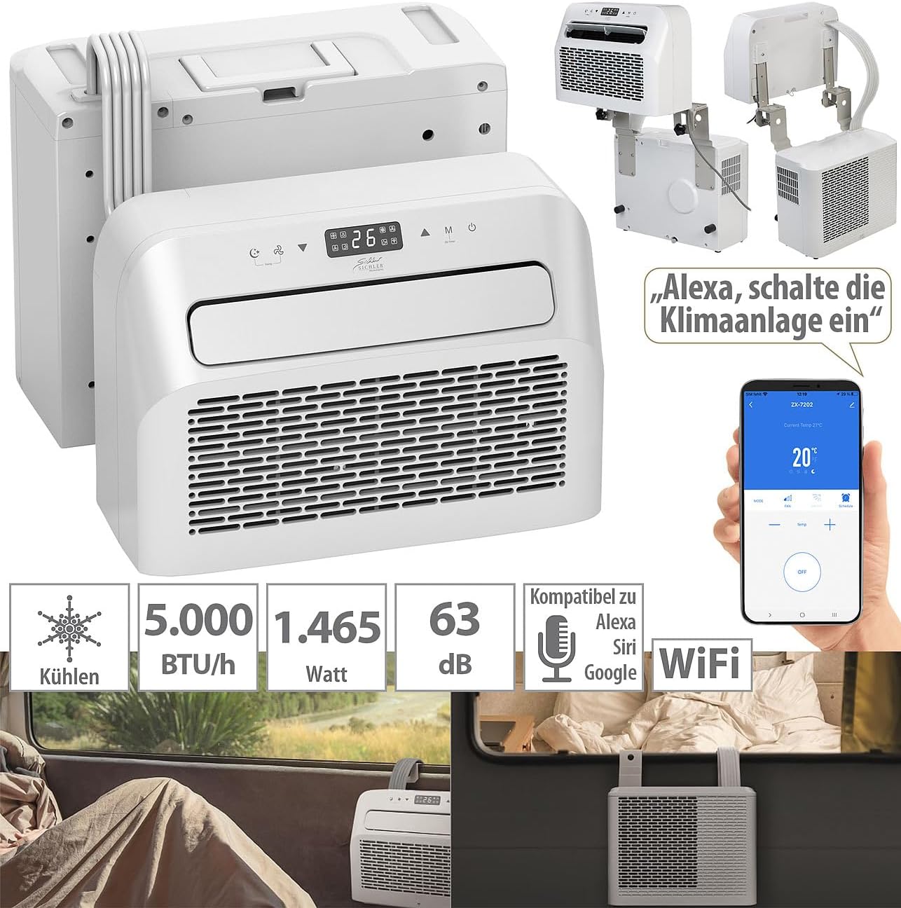 Sichler Haushaltsgeräte Condizionatore mobile: Condizionatore mobile split, funzione deumidificatore, WLAN e App, 5.000 BTU/h (Condizionatore roulotte, Mini condizionatore split, Condizionatore split senza forare)