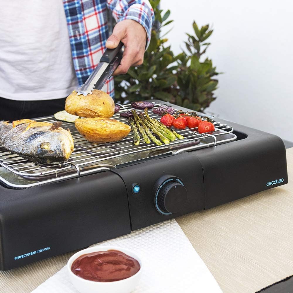 Cecotec Elektrischer Grill Perfect Country 2000 EasyMove. 2000 W, Mix- und Antihaft-Oberfläche, klappbarer Deckel, einstellbares Thermostat, Fettauffangschale, Stahlbeine und Räder
