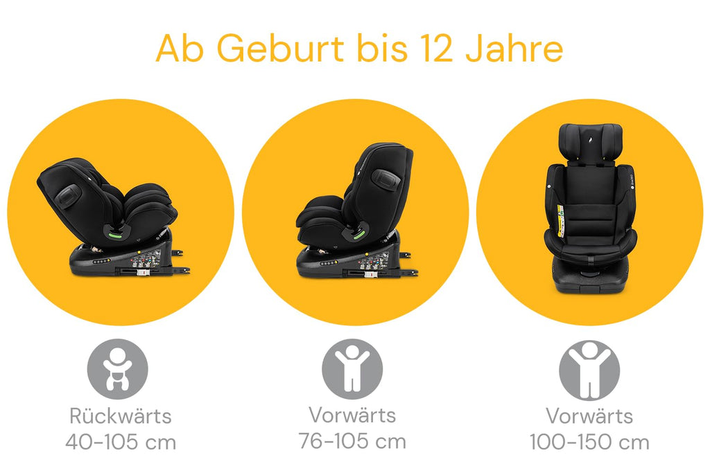 Osann Eno360 i-Size, seggiolino auto girevole 40-150 cm, reboarder con Isofix, seggiolino auto per bambini – All Black