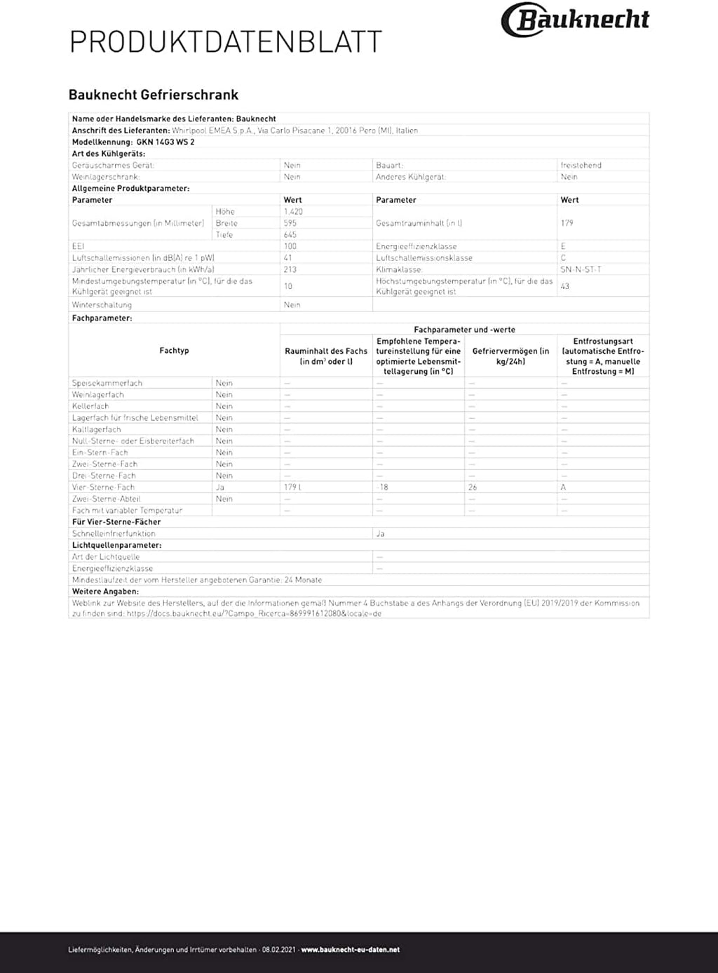 Bauknecht GKN 14G3 WS 2 NoFrost Gefrierschrank / Nutzinhalt 170 Liter/ 142 cm Höhe / ProFreeze/ Touch Display, Weiss