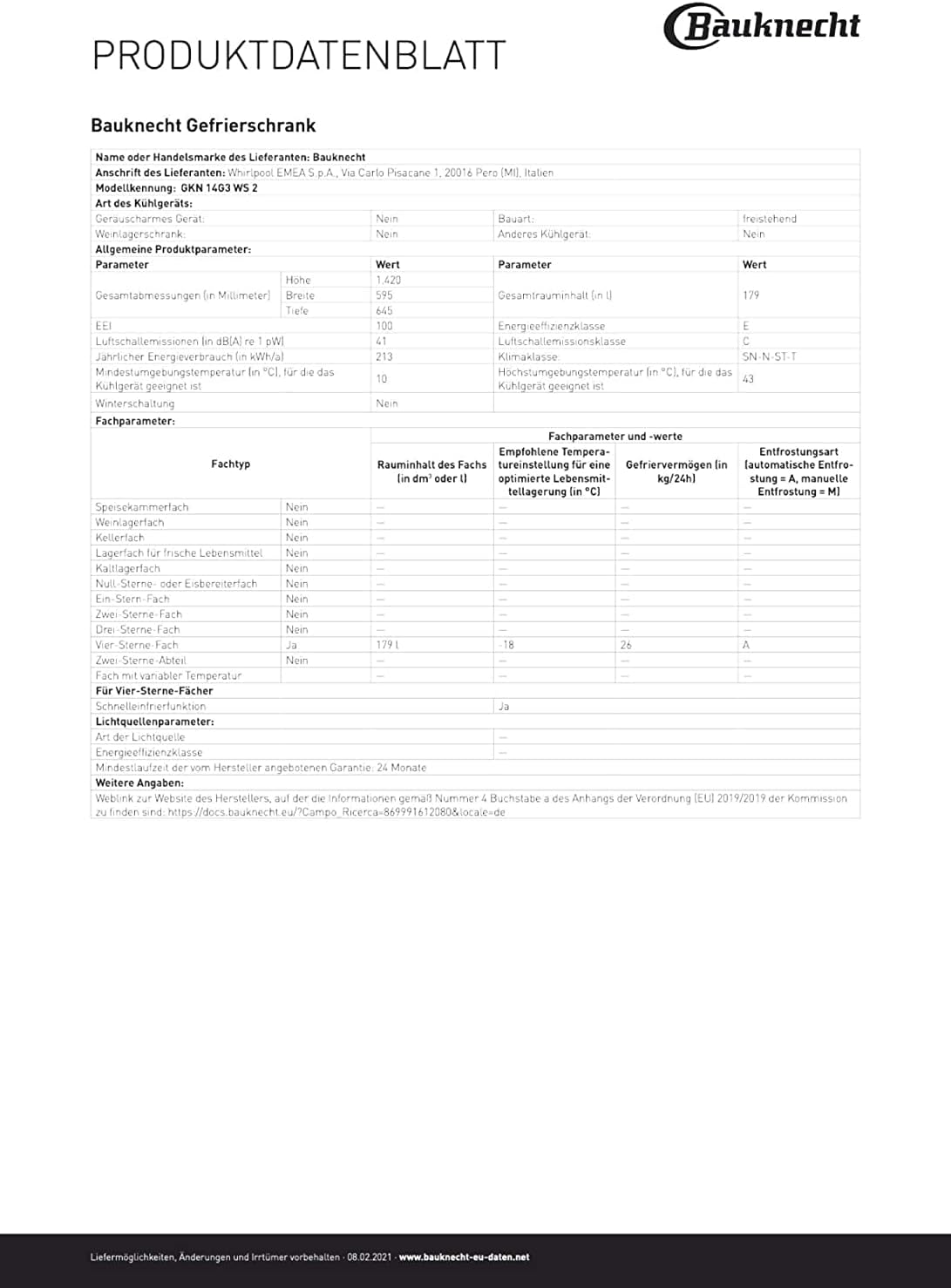 Bauknecht GKN 14G3 WS 2 NoFrost Gefrierschrank / Nutzinhalt 170 Liter/ 142 cm Höhe / ProFreeze/ Touch Display, Weiss