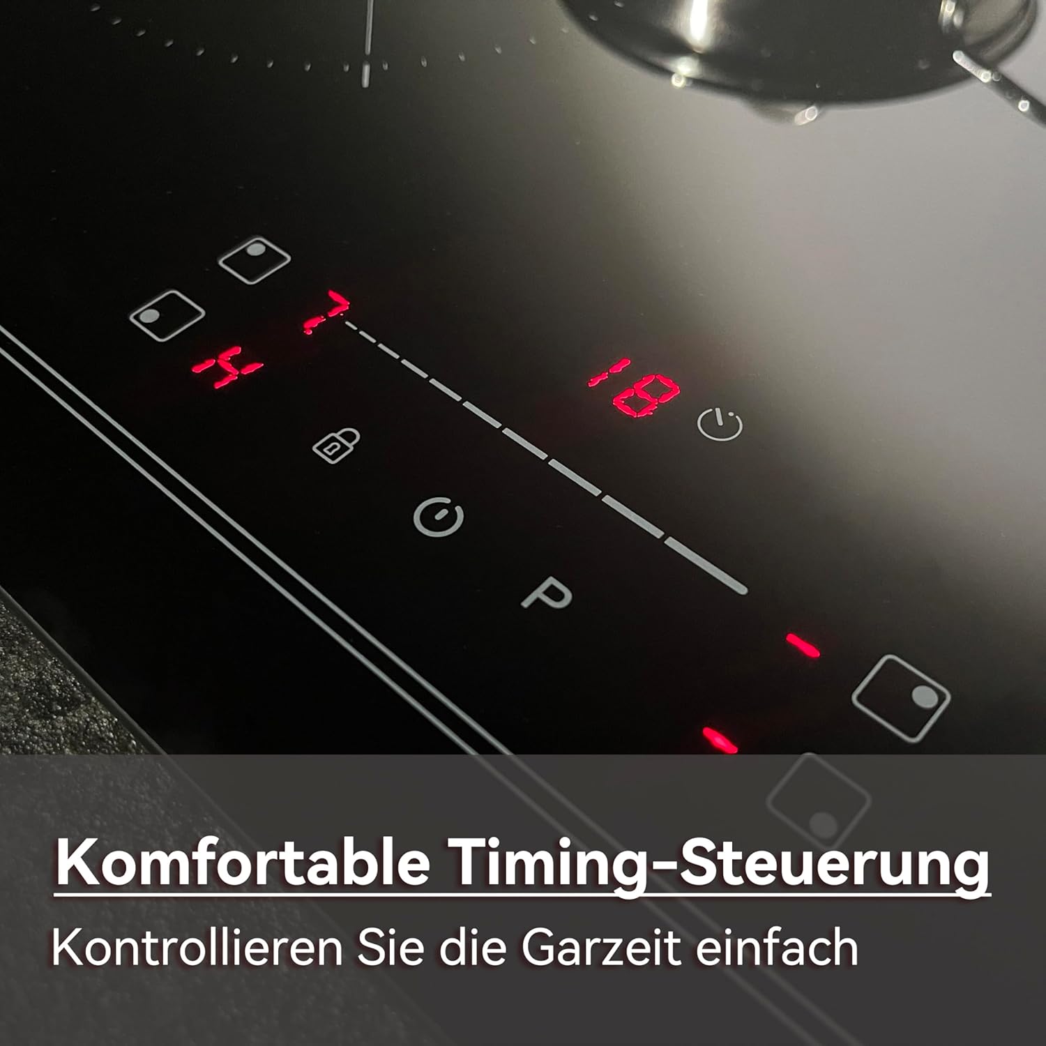 Induktionskochfeld 60cm, Eingebautes Schwarzes elektrisches Kochfeld, mit 4 Kochzonen, 9 Leistungsstufen, Geeignet für Eisen- und Edelstahltpf