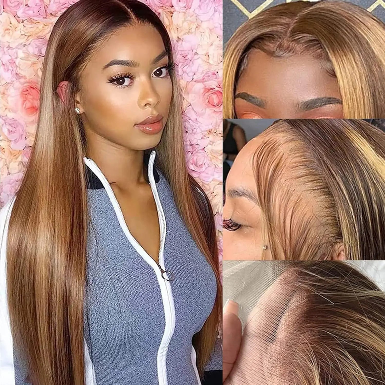 Fasci di capelli lisci brasiliani LavishBeauty con mèches P4-27 e frontal HD