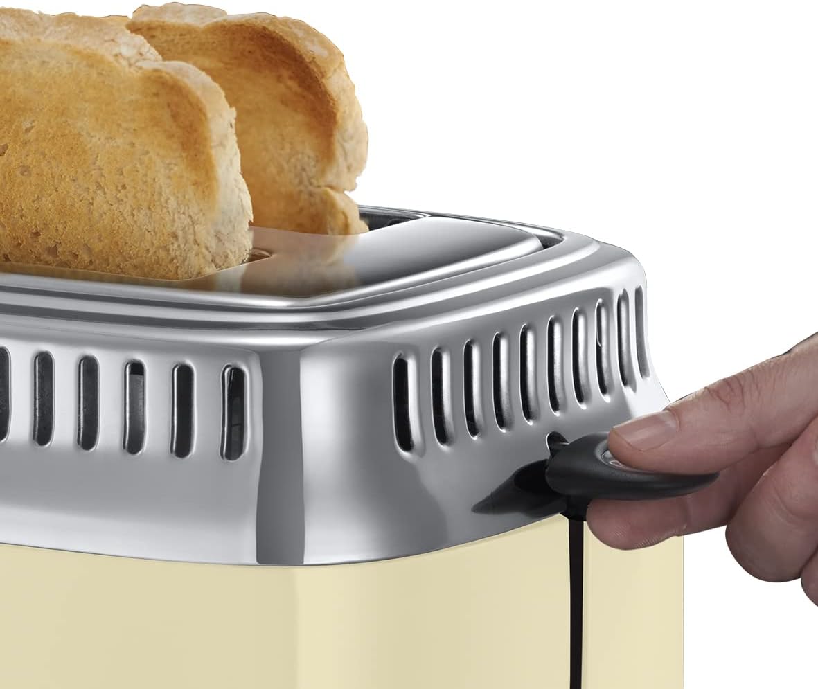 Russell Hobbs Toaster [für 2 Scheiben] Retro Edelstahl Creme (Countdown-Anzeige im Retrodesign, inkl. Brtchenaufsatz, 6 Brunungsstufen + Auftau- & Aufwrmfunktion, 1300W) Vintage 21682-56