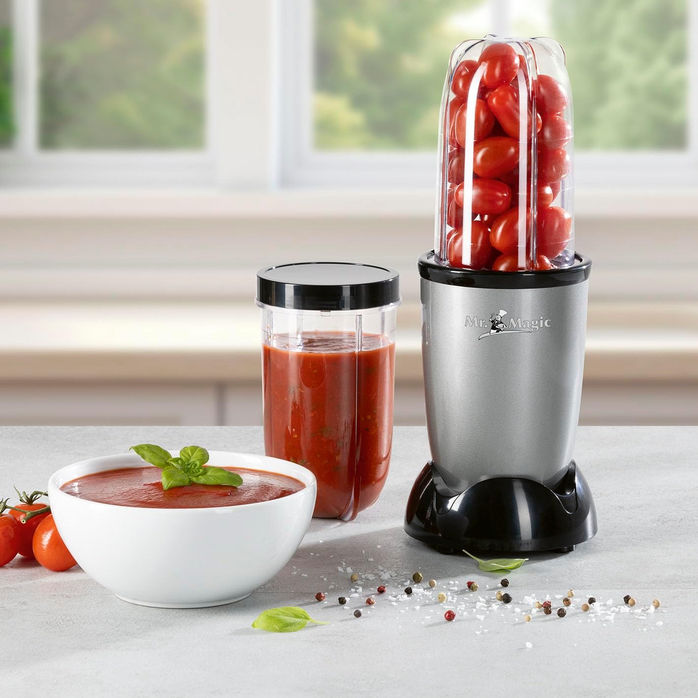 GOURMETmaxx Frullatore per Smoothie e Frullatore a Immersione Set da 18 pezzi - 400W | Frullatore Elettrico da 750ml, Mixer con 4 Bicchiere To-Go, 2 Lame, Spremiagrumi, Piedistallo e Coperchio | Lavabile in Lavastoviglie, a Prova di Perdite e Senza BPA