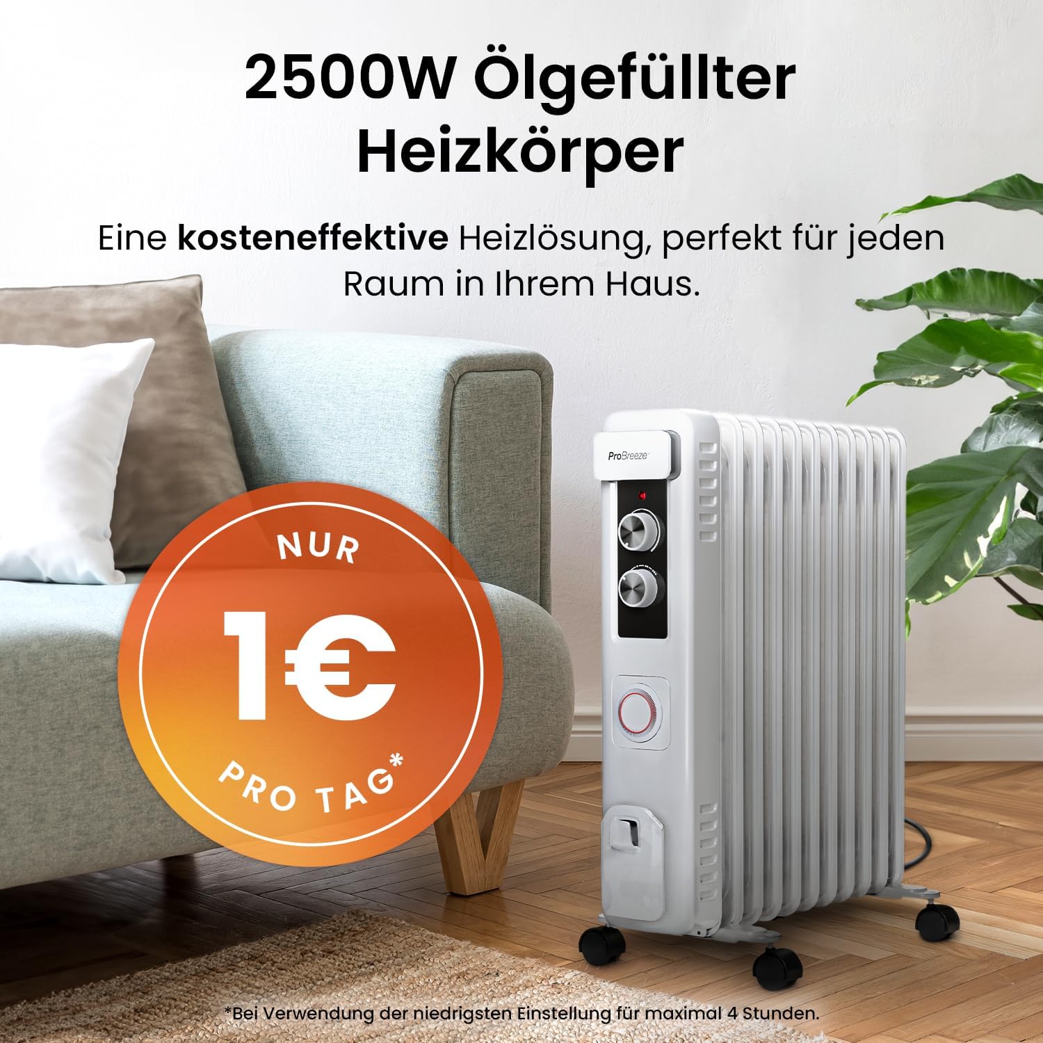 Pro Breeze Radiatore a Olio 2500W con 11 Elementi Riscaldanti, Stufetta Elettrica, Timer 24h, Termosifone Elettrico a Basso Consumo, 3 Livelli di Potenza, Termostato Regolabile e Funzione di Spegnimento di Sicurezza