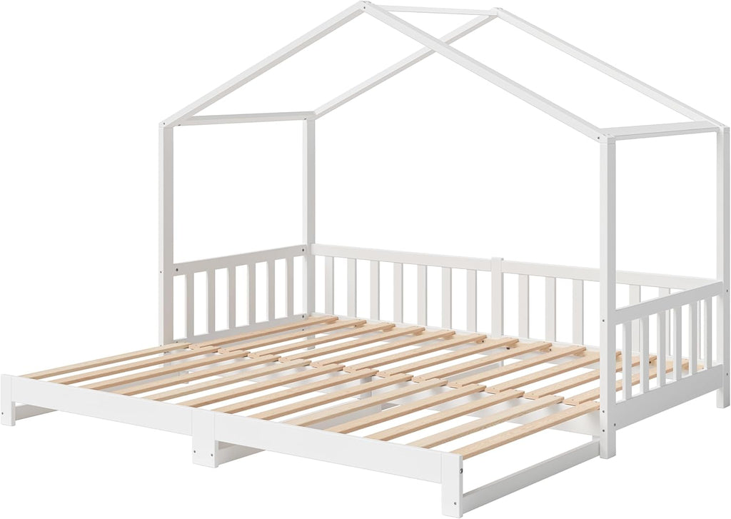 Bellabino Lettino per bambini Bia 140x200 cm, letto a capanna per bambini con protezione anticaduta e rete a doghe arrotolabile, letto a terra Montessori bianco in legno massello di pino
