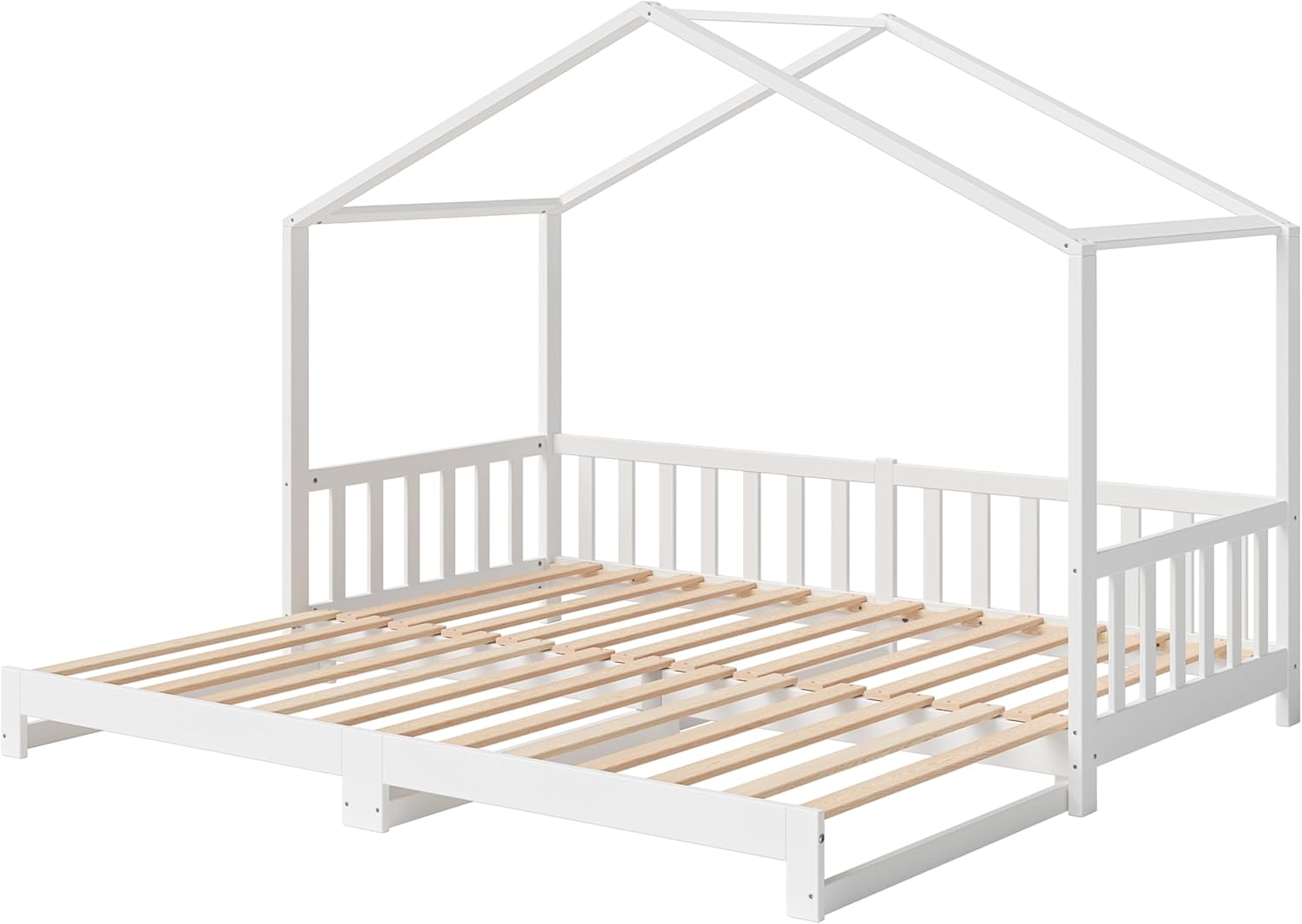 Bellabino Lettino per bambini Bia 140x200 cm, letto a capanna per bambini con protezione anticaduta e rete a doghe arrotolabile, letto a terra Montessori bianco in legno massello di pino