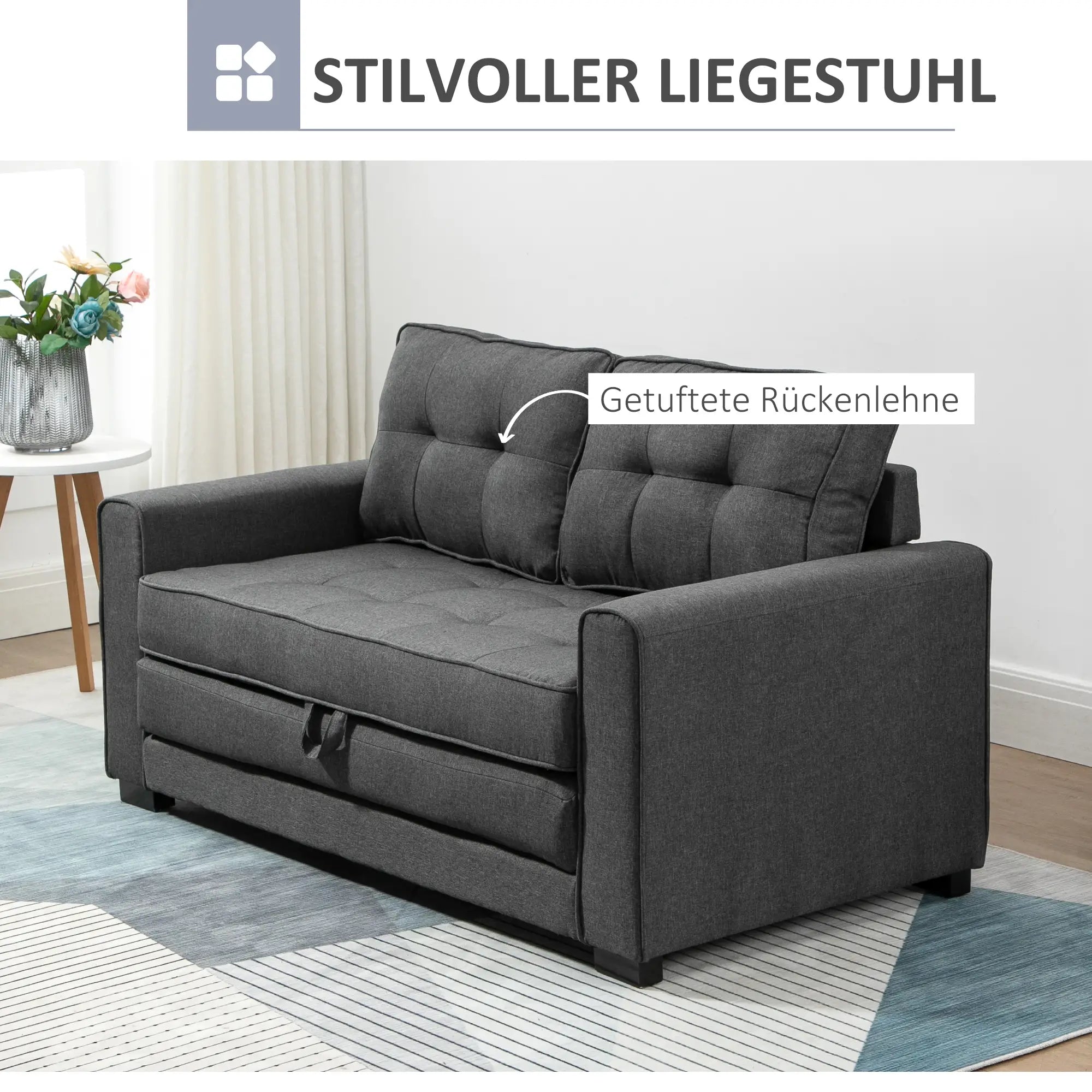 HOMCOM Divano Letto 2 Posti Estraibile in Legno Massello con Molle Grigio