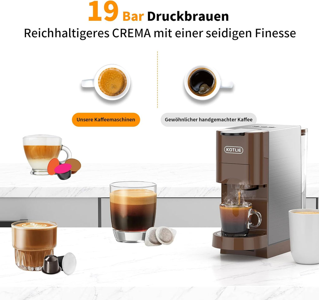 KOTLIE AC-513HF 5 in 1 Kaffeemaschine für NES/DG/a modo mio/Gemahlener Kaffee/ESE(44mm), Höhe für große Tassen (Schwarz)
