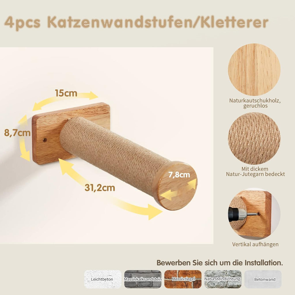 Set per parete da arrampicata per gatti in legno massiccio, LitaiL Mobili extra robusti per gatti con scaletta, lettino, tiragraffi, cuccia e gradini per gatti, 12 pezzi, fino a 25 kg