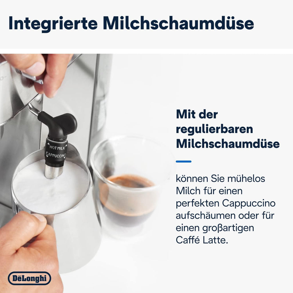 De'Longhi Dedica Style EC 685.M – Macchina da caffè espresso con portafiltro, con montalatte professionale, larga solo 15 cm, per caffè in polvere o cialde ESE, serbatoio dell'acqua da 1 l, argento