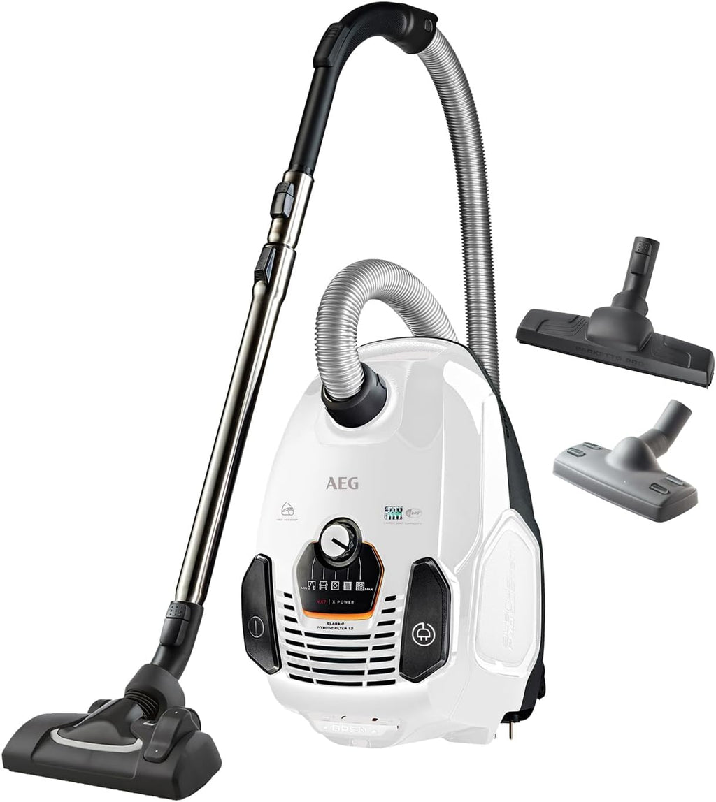 AEG VX7-2-IW-S Aspirapolvere / Ruote morbide girevoli a 360° / Solo 69 dB(A) / Incl. bocchette aggiuntive / Impugnatura ergonomica / Filtro lavabile / 650 Watt / Raggio d'azione di 12 m / Nuova versione tecnica / Bianco
