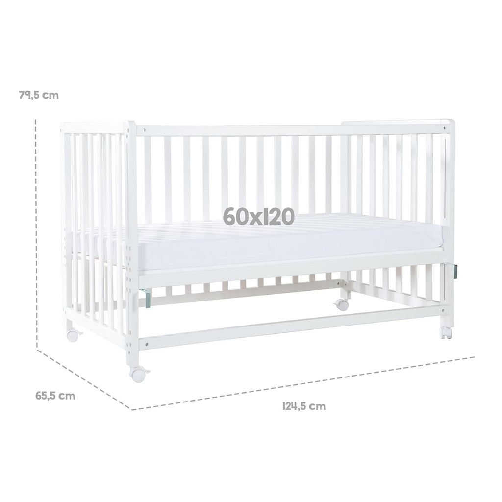 roba Beistellbett 60 x 120 cm - Adam & Eule Room Bed - Babybett zum Anstellen an Elternbett - Inklusive Matratze, Bettwäsche, Himmel - Mobil & Höhenverstellbar - Holz weiß