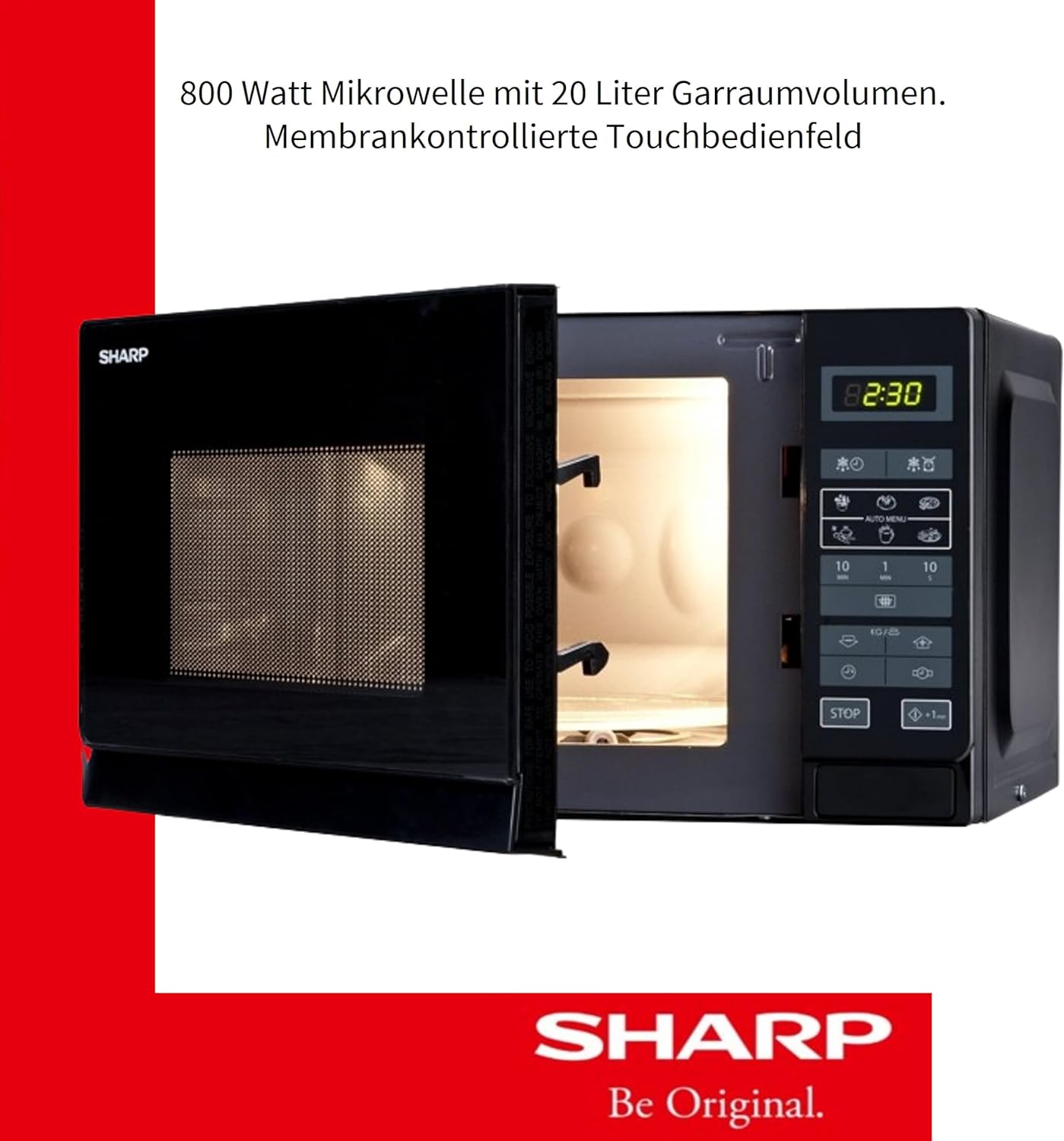 Sharp R242BKW Forno a microonde Solo / 20 L / 800 W / 5 livelli di potenza / 8 programmi automatici / Scongelamento a tempo e in base al peso / Blocco di sicurezza per bambini / Modalità risparmio energetico / Piatto girevole in vetro (25,5 cm) / nero