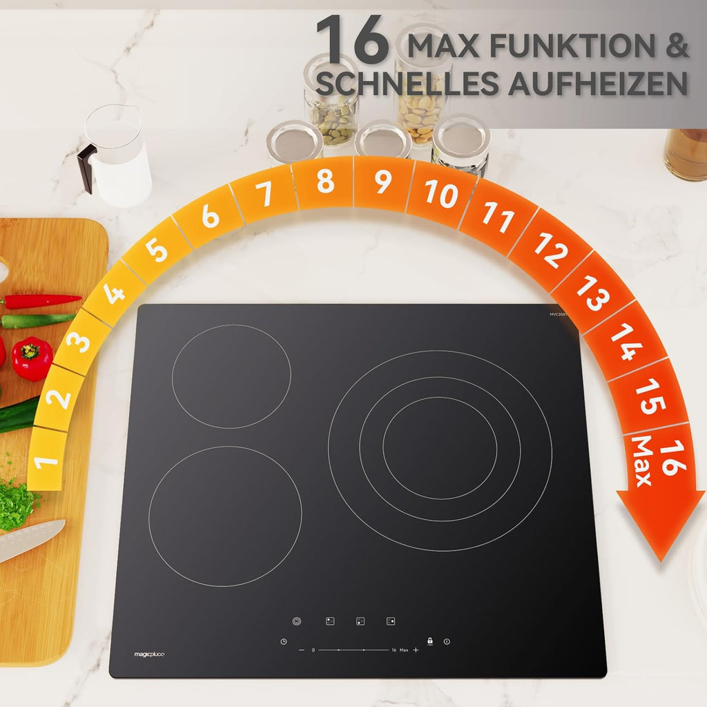 Piano cottura a induzione magicplux 60 cm, 4 zone di cottura a induzione con due zone flessibili, 9 livelli di potenza e funzione booster, timer 1-99 minuti, 7200 W