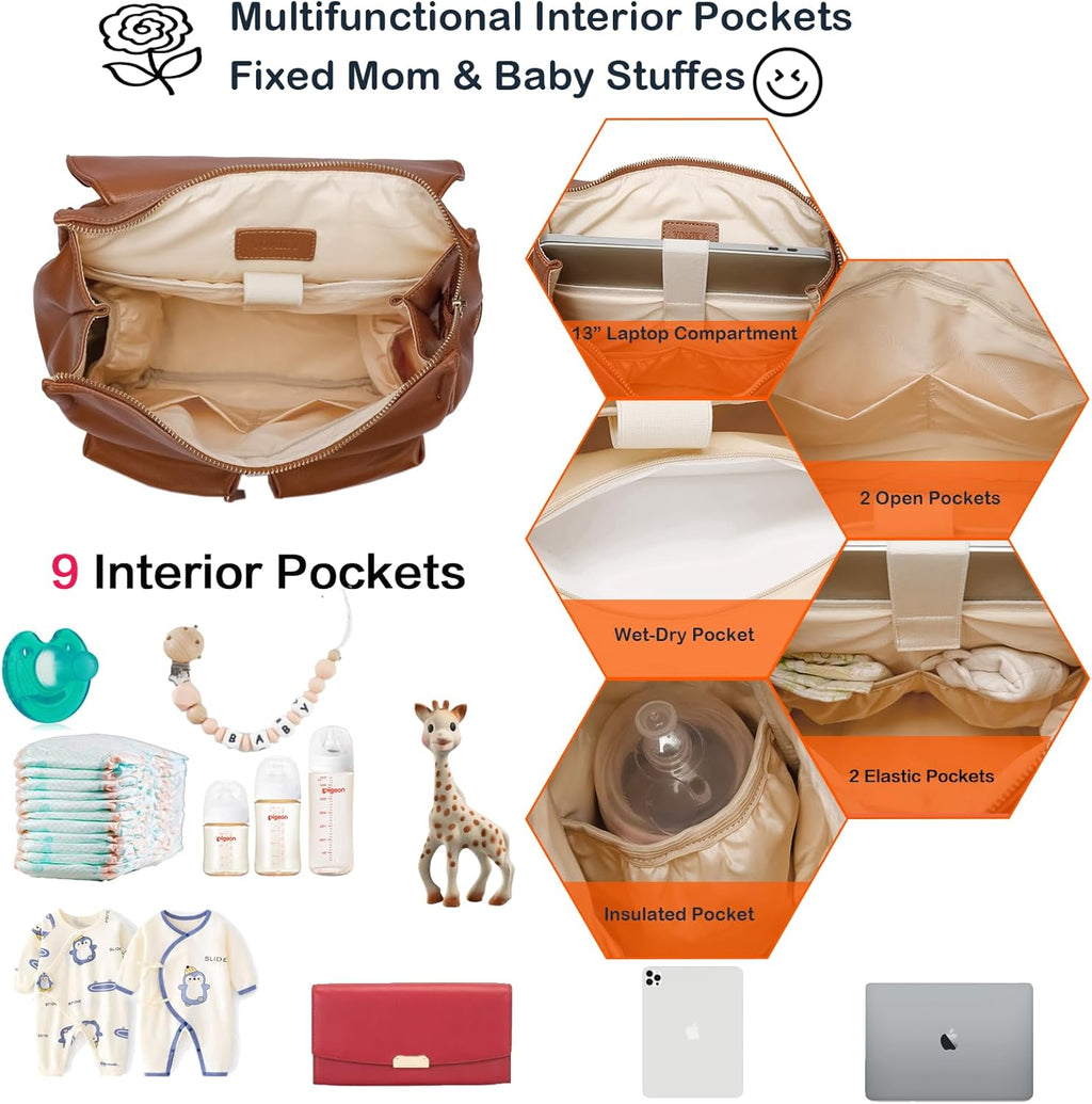 Borsa fasciatoio in pelle, zaino per mamma e papà, con tasca per bagnato e asciutto e fasciatoio, ben organizzato.